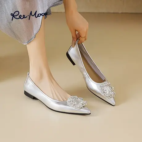 REEMOOR睿慕2023秋季新款银色真皮小羊皮名媛尖头平底软底单鞋女商品大图