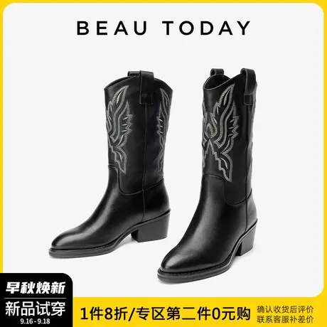 BeauToday英伦风骑士靴女2023新款秋季西部牛仔靴复古粗跟长筒靴图片