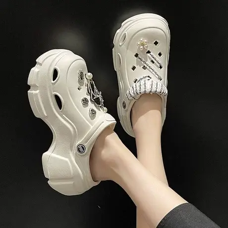 高跟洞洞鞋女夏季可爱蝴蝶结水钻链条松糕厚底包头防滑凉拖鞋外穿商品大图