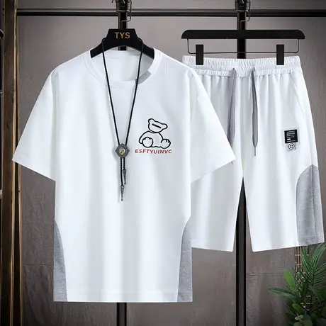 男士夏季套装华夫格帅气男装短袖短裤搭配一套时尚休闲运动衣服潮商品大图