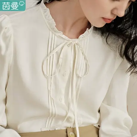茵曼天丝蝴蝶结系带衬衣女2024年春季新款法式宫廷风长袖衬衫上衣商品大图