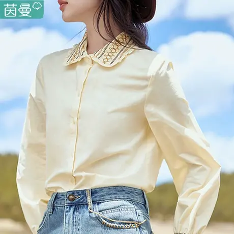 茵曼官方旗舰店长袖衬衫女纯棉刺绣衬衣2023新款秋季法式上衣内搭商品大图