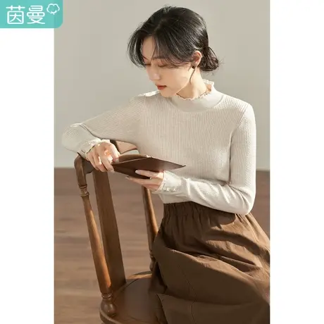 【商场同款】茵曼秋女装新款田园半高领蕾丝花边修身套头毛衣商品大图