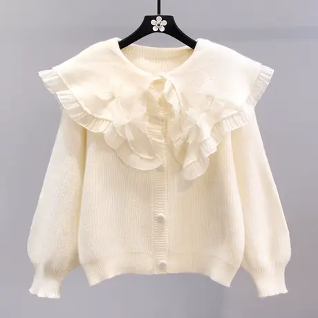 温柔风娃娃领毛衣外套女秋冬2023新款宽松温柔风洋气减龄针织开衫商品大图