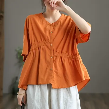 dza 不规则棉麻上衣女士衬衫2023夏季新薄款短袖气质亚麻漂亮衬衣图片