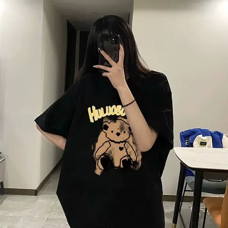 短袖t恤女韩版oversize大码休闲黑色ins潮纯棉夏季正肩情侣装上衣商品大图