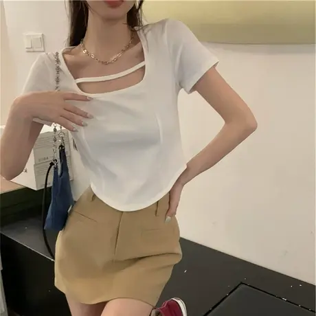 白色方领短袖正肩t恤女夏季设计感小众修身短款辣妹独特别致上衣图片