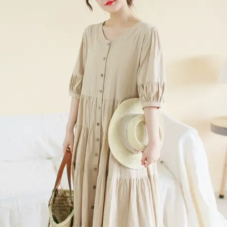 云子胖妹妹夏装宽松棉质V领蛋糕长裙加大码2023新款显瘦大摆裙女商品大图