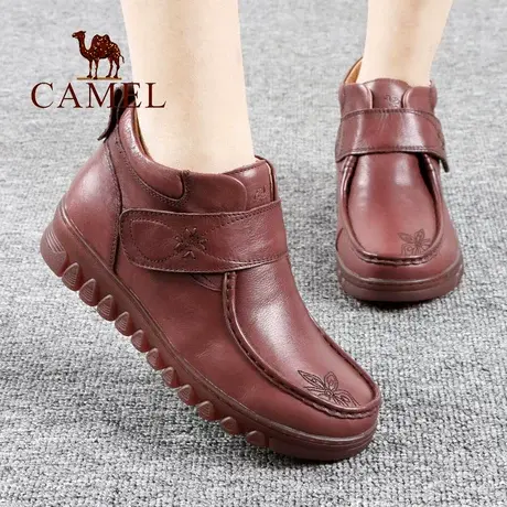 Camel/骆驼女鞋冬季真头层牛皮加绒保暖舒适平底防滑休闲妈妈靴子商品大图