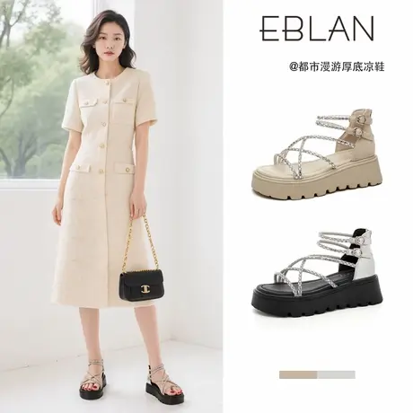 EBLAN/伊伴厚底水钻凉鞋女款2025夏季新款外穿一字扣带女士罗马鞋图片