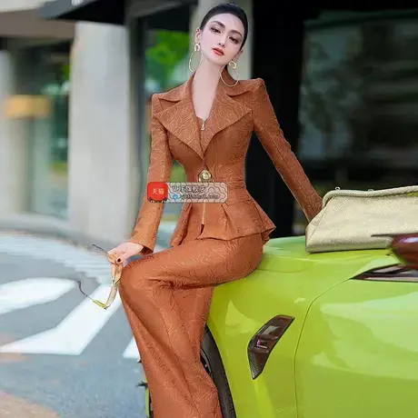 春秋一整套印花翻领小西服喇叭裤两件套新款收腰OL西装套装图片