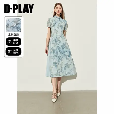 DPLAY夏季旗袍新中式蓝色连衣裙女禅意国风印花裙沙滩裙长裙图片