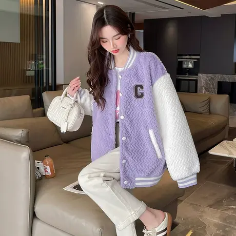 唐狮外套女棒球服仿兔毛冬季新款高级感仿麂皮绒毛毛上衣加厚商品大图