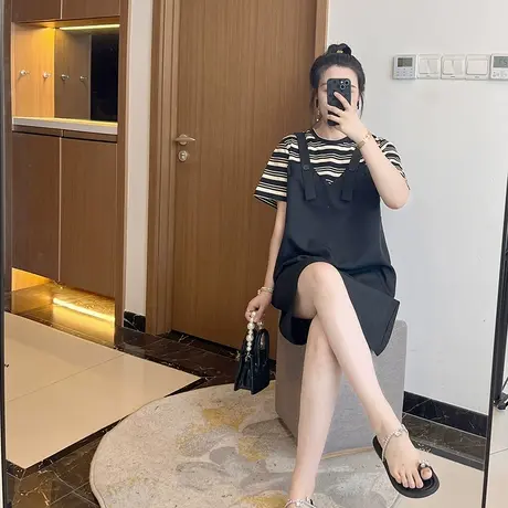 条纹假两件背带大码显瘦休闲2024年新款女装短袖遮肚子连衣裙夏季图片