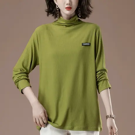 秋冬季半高领打底衫女加肥加大码女装中年妈妈遮肚子纯色长袖t恤商品大图