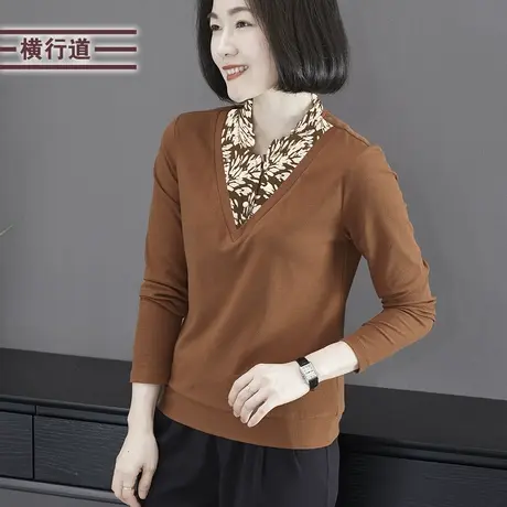 2023冬季新款简约撞色假两件拼接碎花长袖T恤女装大码外穿上衣服图片