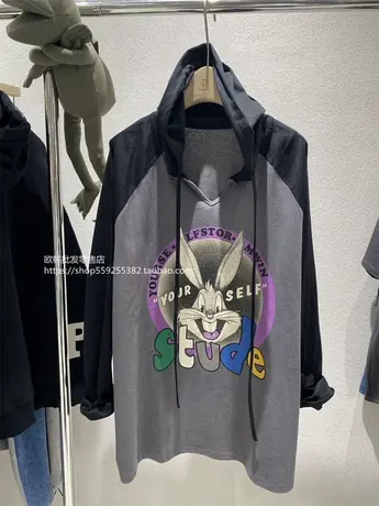 欧货趣味兔减龄韩版撞色长袖连帽T恤女2023春季chic慵懒宽松上衣商品大图