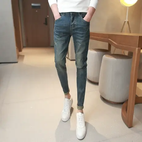 2023秋冬款深蓝色做旧破洞牛仔裤男潮流刮烂猫爪小脚裤显瘦铅笔裤商品大图