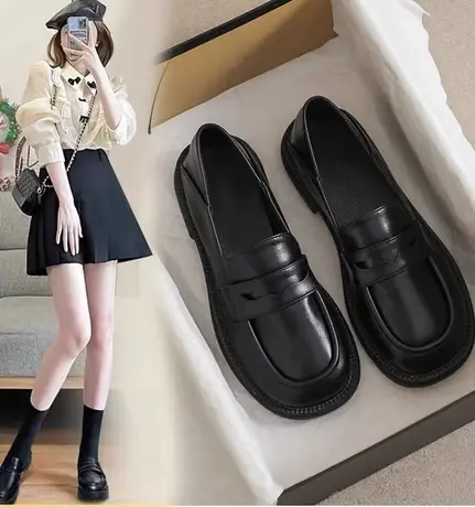 潮牌秋季新款英伦风小皮鞋女复古百搭软平底乐福鞋黑色一脚蹬单鞋图片