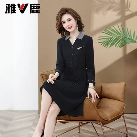 雅鹿中老年女装春秋时尚连衣裙2025新款收腰修身翻领妈妈装长裙子图片