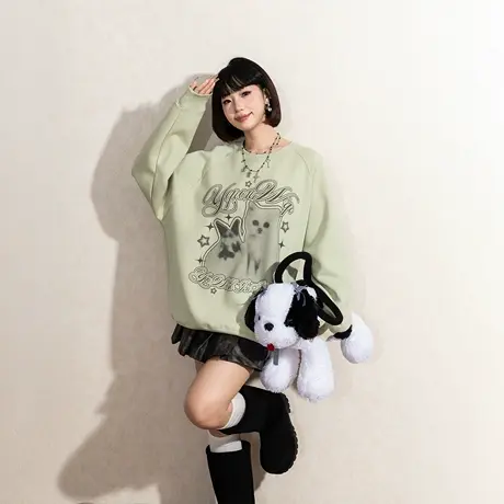 YEP印花圆领卫衣女春季少女心打底衫宽松2025新款插肩袖套头上衣商品大图