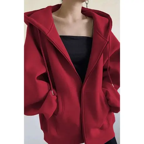 纯色简约开衫卫衣女早秋韩版百搭宽松显瘦拉链连帽薄款外套上衣服商品大图