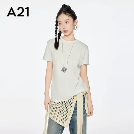A21女装米白针织套头棉T恤简约设计感光面短袖上衣图片