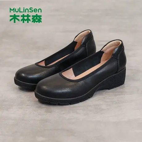 木林森女鞋2025年夏季新款百搭浅口小皮鞋休闲软底坡跟女士妈妈鞋商品大图