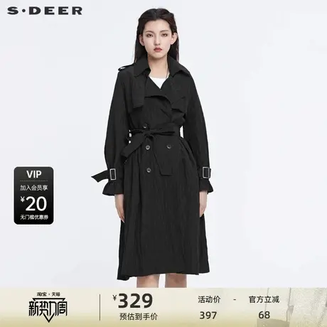 sdeer圣迪奥女装秋休闲西装领收腰双排扣褶皱长款风衣S22181809商品大图