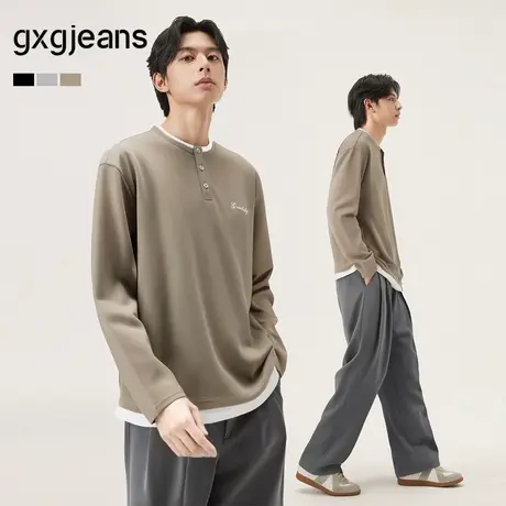 gxg.jeans男装 假两件字母刺绣简约宽松半开襟亨利领卫衣25秋新品商品大图