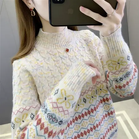 针织打底衫女内搭2022新款半高领宽松复古慵懒毛衣女外穿秋冬加厚图片