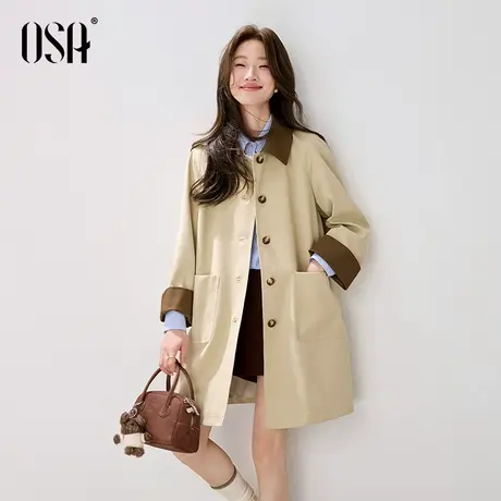 [新品]OSA欧莎复古卡其色风衣女中长款2025秋季新款撞色休闲外套商品大图
