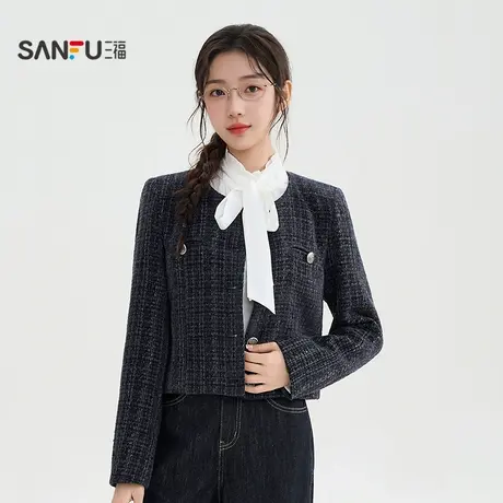 三福单外套2025秋季小香风纽扣假口袋短款圆领上衣女装511174商品大图