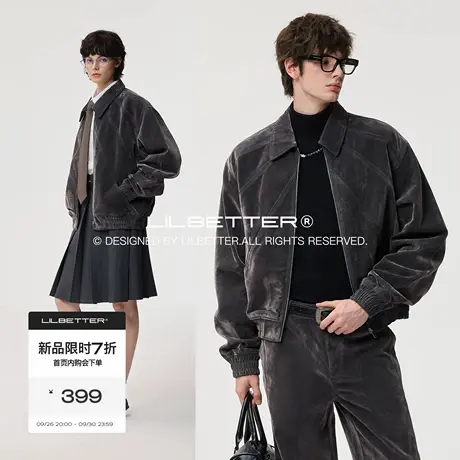 Lilbetter复古做旧水洗丝绒牛仔夹克2025冬短宽版型解构分割外套商品大图
