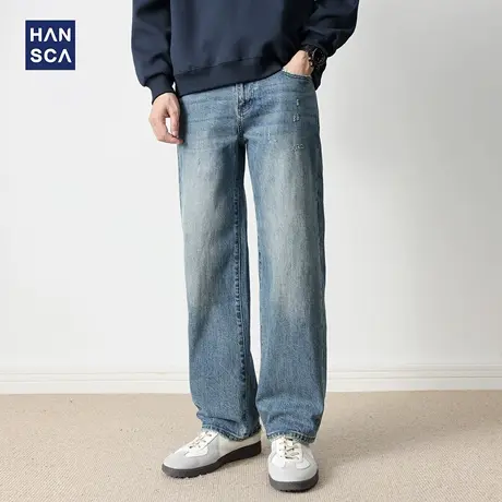 hansca破洞阔腿宽松直筒牛仔裤2025新款男秋季水洗男潮休闲长裤子商品大图