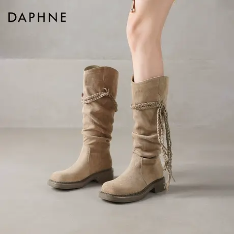 达芙妮堆堆靴子女2025秋冬新款美拉德靴子西部牛仔长靴流苏长筒靴图片