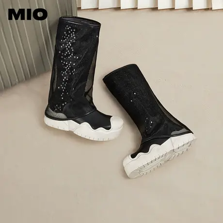 MIO米奥秋冬新款撞色圆头网纱烟筒靴厚底显瘦中筒百搭裤筒靴图片