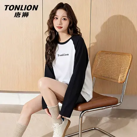 唐狮官方纯棉长袖t恤女2026新款春季小众设计感撞色打底衫上衣VC图片
