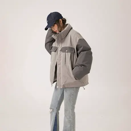 拼接潮牌工装棉服女加厚冬季外套2023新款复古面包服宽松立领棉衣图片