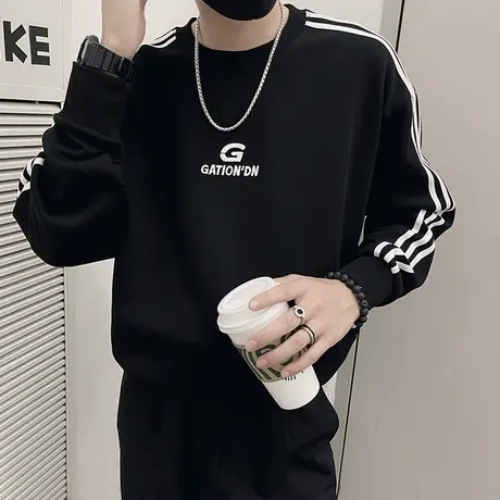 秋季美式拼接条纹卫衣男运动休闲上衣ins潮流内搭长袖体恤衫上衣商品大图