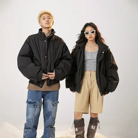 复古黑色立领棉服女加厚冬季外套2023新款情侣装宽松oversize棉衣商品大图