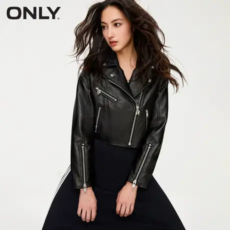 【买5免1】ONLY奥莱秋季新款时尚百搭简约翻领长袖短款夹克皮衣女商品大图