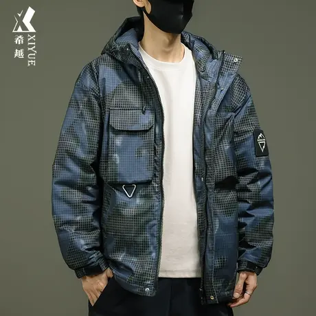 希越迷彩格子工装棉衣男宽松大码加棉加厚连帽外套秋冬新款冲锋衣商品大图