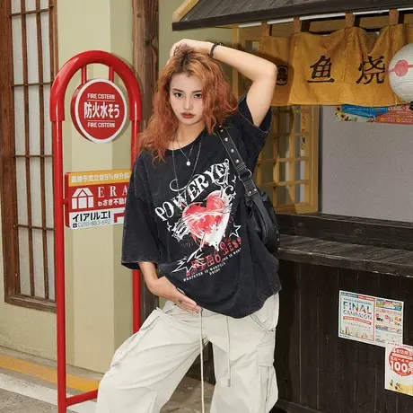 YEP复古炒雪花t恤女短袖2023年新款夏季美式潮牌印花宽松半袖上衣图片