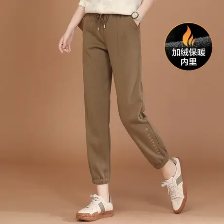 新品8.5折】松紧腰刺绣加绒束脚运动裤女显瘦休闲卫裤图片