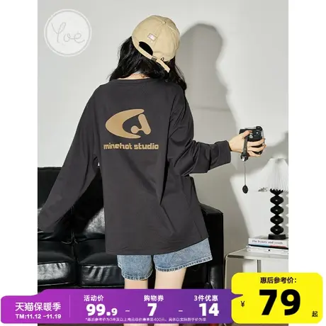 yoe23潮牌黑色t恤女oversize美式复古休闲小个子运动长袖内搭上衣图片
