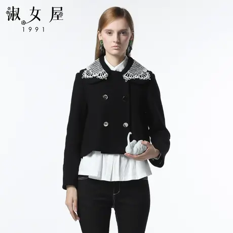 淑女屋旗舰店官网新款修身柔软黑白贵族绣花高级黑色短款毛呢外套商品大图