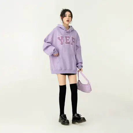 YEP字母植绒发泡印花紫罗兰连帽卫衣女新款春秋宽松bf外套ins潮牌商品大图