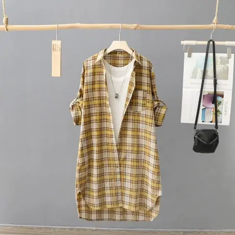 中长款长袖格子衬衫女韩版经典港味外套上衣宽松开衫休闲女装衬衣商品大图