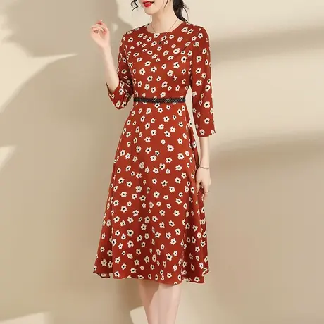 水墨青华2023秋季新款百搭显瘦印花裙时尚中长款醋酸绒连衣裙女图片